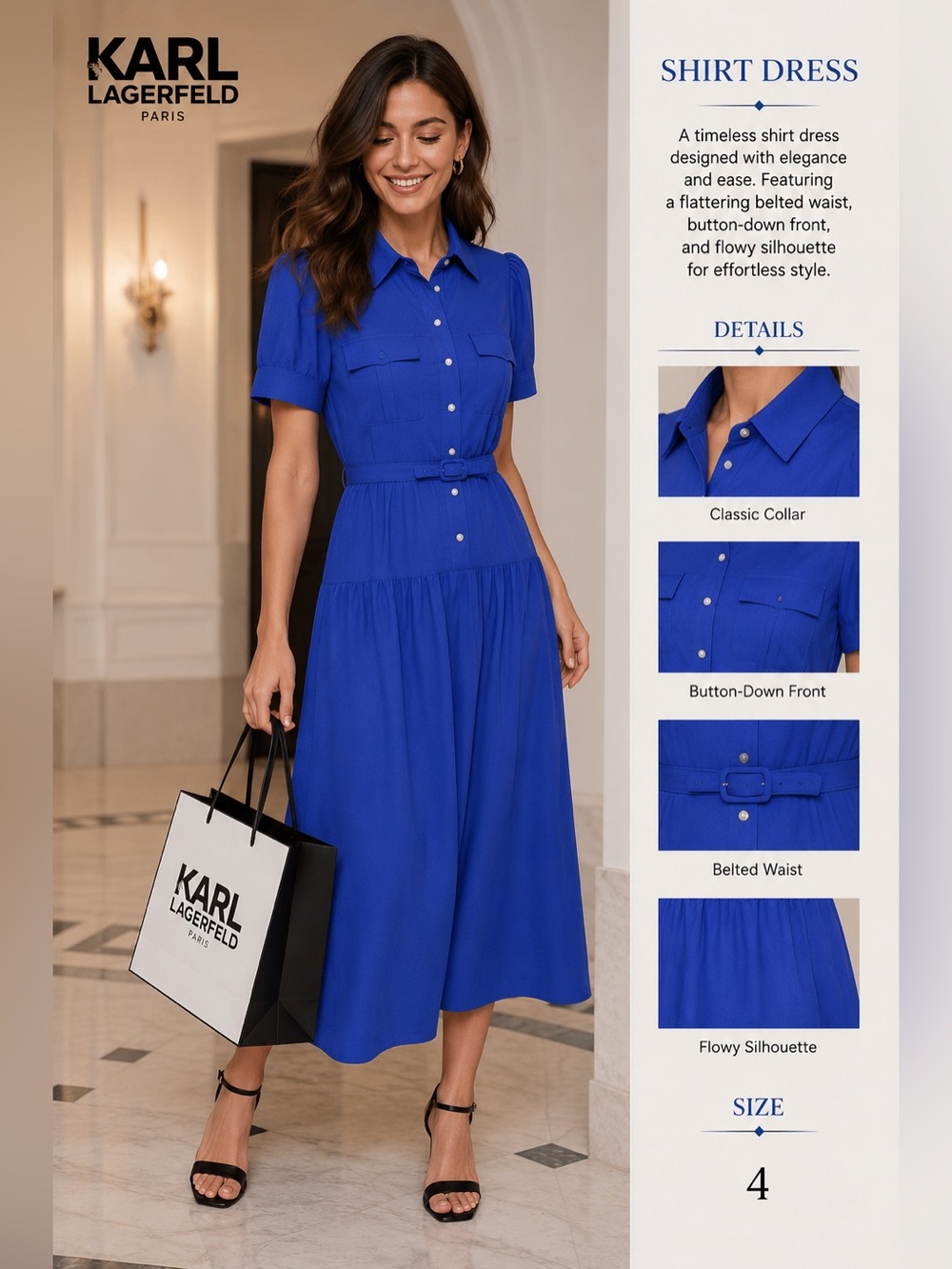 Karl Lagerfeld Royal Blue Belted Midi Shirt Dress